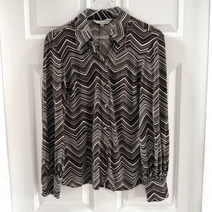 Trina Turk Chevron Print Silk Button Down Shirt size Large Retro Vintage